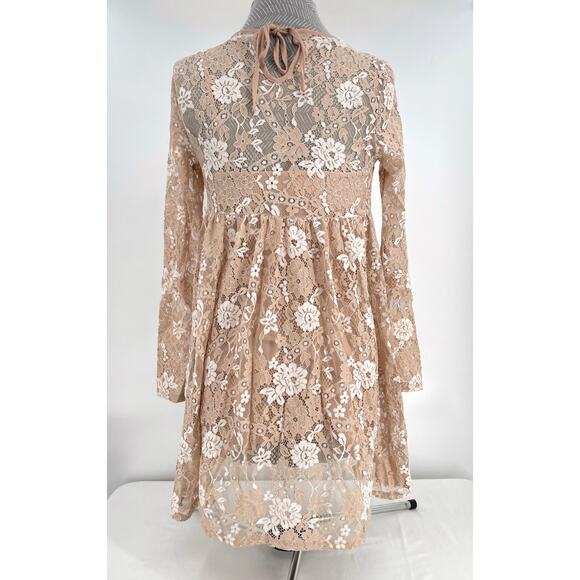 NEW Altar'd State Rauma Dress Neutral Cream Floral Lace Mesh Long Sleeve Size S - Picture 3 of 15